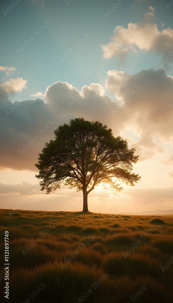Obraz premium Lone tree silhouette at sunset with dramatic clouds and grassy fields