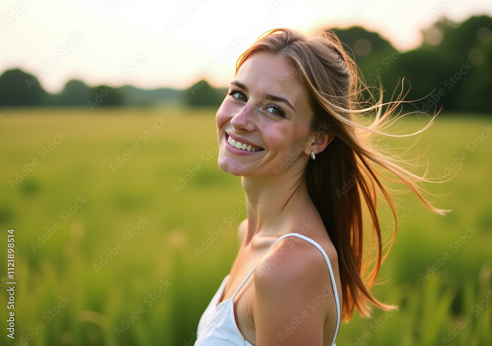 young woman stands hair blowing green grass field young woman stands hair blowing green grass field
