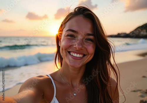 young woman takes joyful selfie beach waves sunset background near serene