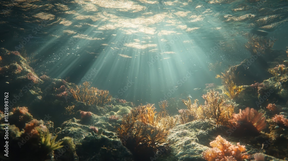 Obraz premium Exploring underwater reef marine life with sunlight penetrating watersan ecological perspective
