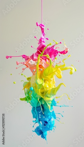 Dynamic capture of vibrant neon paint splatters in mid air against a neutral background photo