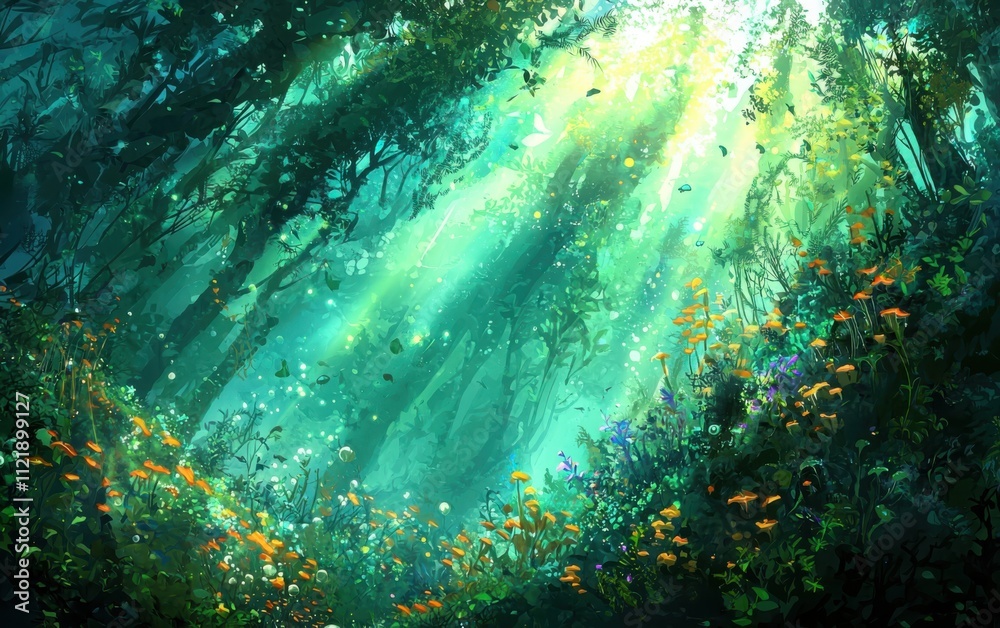 Obraz premium Exploring underwater kelp forests in soft green-blue lighta dive into marine ecosystems and mysterious depths