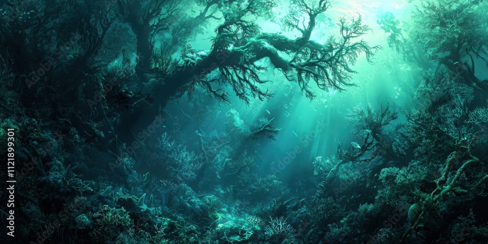Obraz premium Exploring the underwater kelp forest ecosystemsoft emerald blue lighting marine biodiversity and mysterious oceanic depths