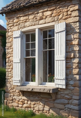 White shutters and windows on an old stone cottage in the countryside, peaceful, garden view, stone wall