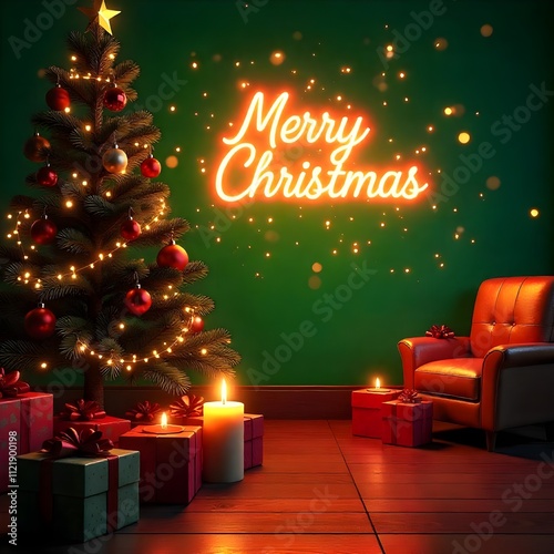 Christmas Banner with Christmas Lights Background Illustration. Merry Christmas Lettering. Trendy Festive illustration with Christmas Light Decoration.