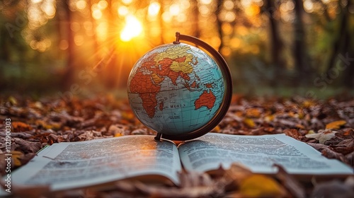 The globe signifying worldwide expansion lies on the page, which represents growth strategies. Warm sunlight promotes an atmosphere of opportunity and adventu photo