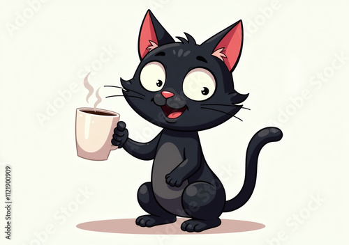 black cartoon cat holds white coffee mug humorous sarcastic pose plain white surface