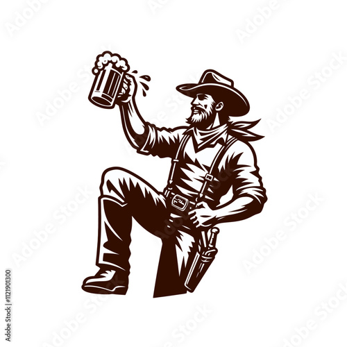  Western cowboy kneeling with a beer mug, splashing foam, dressed in vintage wild west attire. Perfect for bar, saloon, and festival designs. Isolated vector illustration.