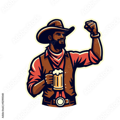 Western cowboy holding a mug of beer and raising his fist in celebration, wearing a hat and bandana. Perfect for pub, bar, and festival themes. Isolated vector illustration.