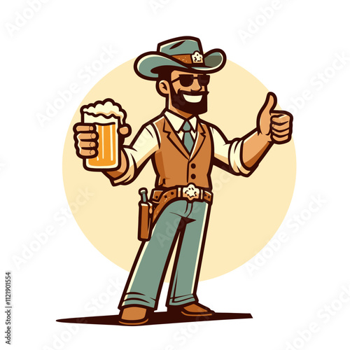 Beer-drinking cowboy isolated vector illustration.
A cheerful cowboy in a hat, holding a mug of frothy beer, giving a thumbs up. A fun, Western-themed graphic for brewery logos, party flyers