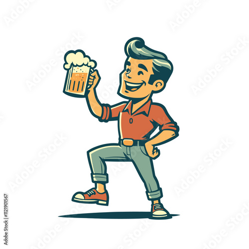 Cheerful man in casual clothing holding a beer mug with foam, posing with one leg raised in a confident stance, smiling brightly. Perfect for bar or pub-related designs.