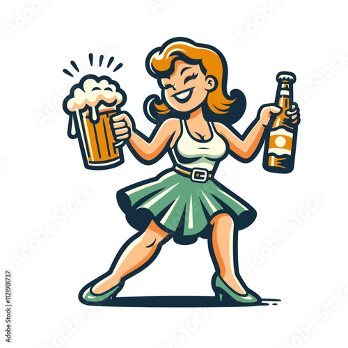 Cheerful woman holding a frothy beer mug and a bottle, wearing a flowing green skirt, isolated vector illustration. Ideal for bar promotions, beer festivals, and party-related graphic designs.