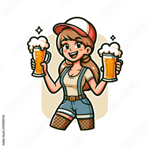 Smiling girl holding two mugs of frothy beer, dressed in casual denim overalls and a cap, isolated vector illustration. Perfect for beer festival promotions, bar signs, or cheerful advertisements.