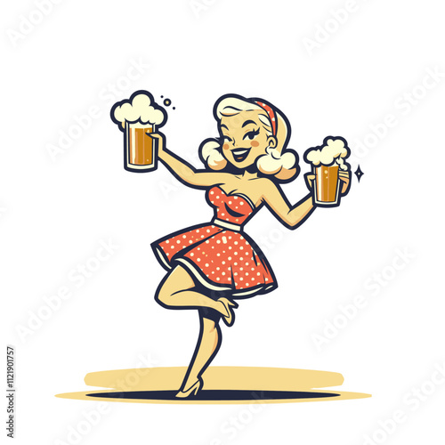 A vibrant illustration of a pin-up style woman dancing joyfully while holding two frothy beer mugs, wearing a red polka dot dress. Ideal for festive and celebration design isolated vector illustration