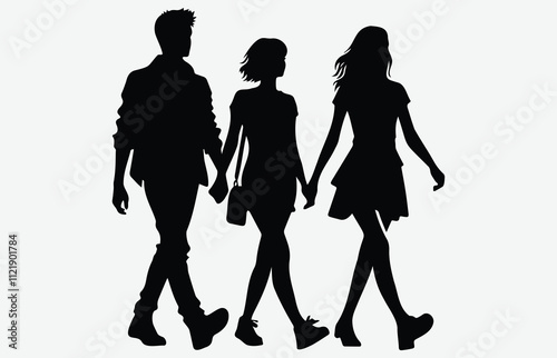 Silhouette of People Walking Together Set in Various Poses for Design and Art Projects