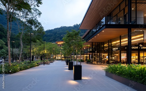 Modern shopping center with lush landscaping at dusk.