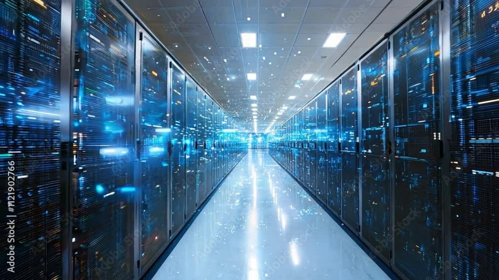 Modern high-tech data center with blue-lit racks of servers aligned in a corridor, representing information technology, advanced networks, and a secure data management system.