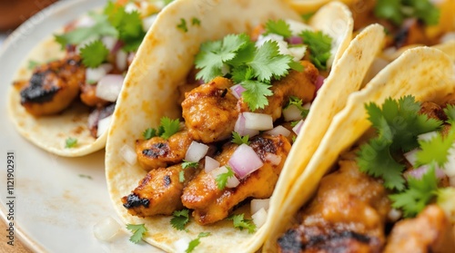 A close-up view of delicious tacos on a rustic wooden plate, filled with marinated grilled meat, fresh cilantro, chopped onions, and vibrant red salsa, in warm natural lighting
