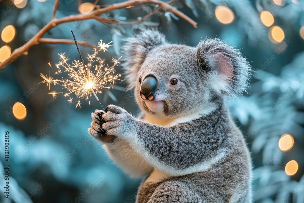 Obraz premium Cute koala holding a sparkler celebrating new year's eve