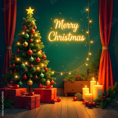 Christmas Banner with Christmas Lights Background Illustration. Merry Christmas Lettering. Trendy Festive illustration with Christmas Light Decoration.