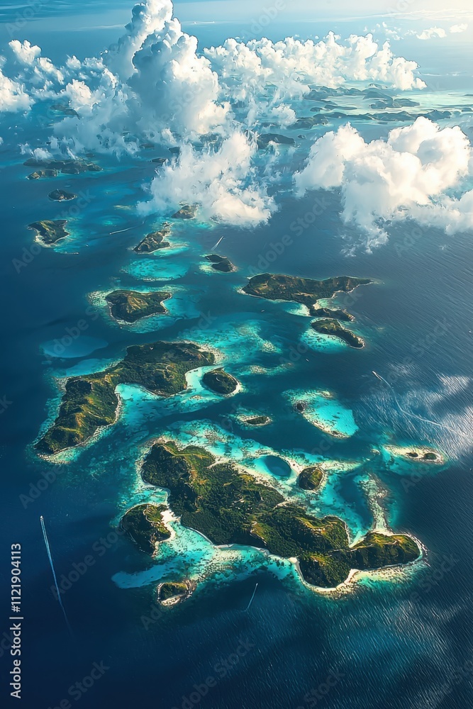 Obraz premium Exploring remote oceanic archipelagoaerial views of scattered islands and turquoise waters under dramatic cloud shadows