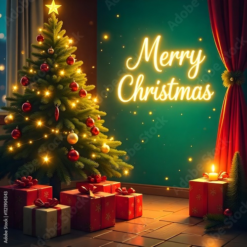 Christmas Banner with Christmas Lights Background Illustration. Merry Christmas Lettering. Trendy Festive illustration with Christmas Light Decoration.
