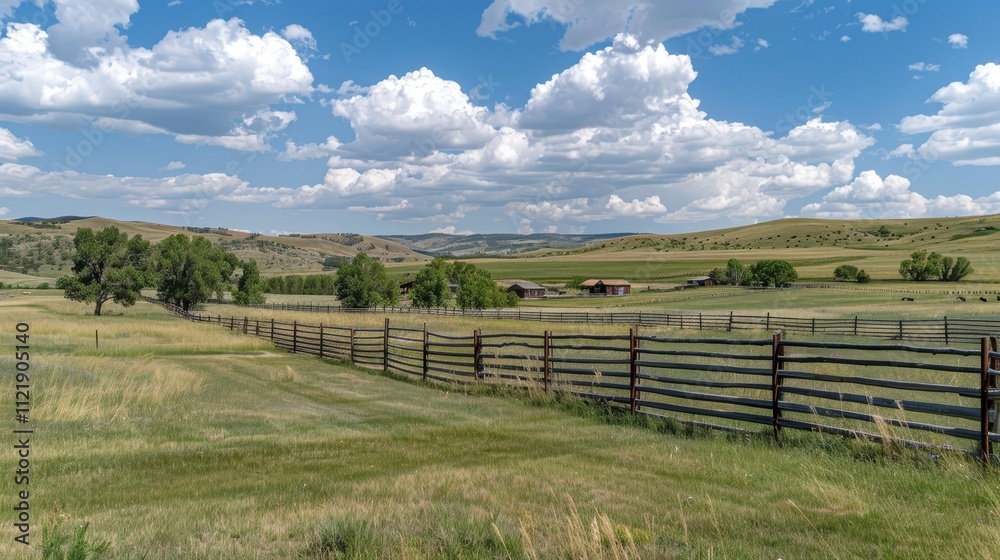 A rustic wooden ranch fence encloses a scenic pastoral landscape in a serene rural setting A rustic wooden ranch fence encloses a scenic pastoral landscape in a serene rural setting