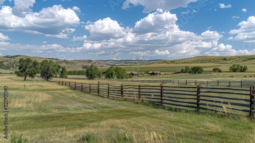 A rustic wooden ranch fence encloses a scenic pastoral landscape in a serene rural setting