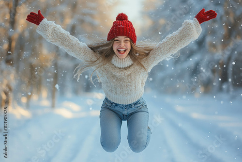 Woman Jumping In Winter