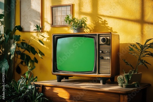 Old television set with green screen displaying on wooden table in room with yellow wall