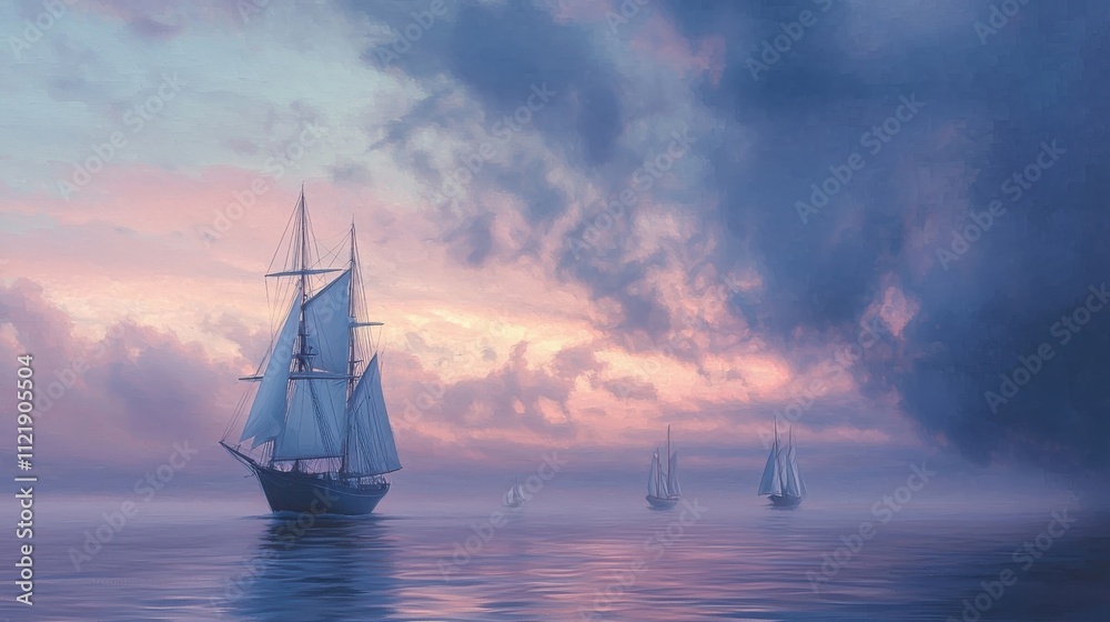 Fototapeta premium Sailing vessels at nautical twilight calm ocean horizon maritime scene pastel sky distant view atmospheric serenity