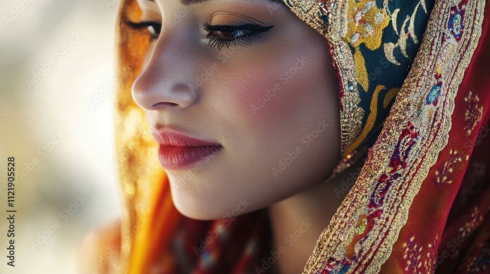 Side profile of a woman in a richly detailed orange and gold headscarf with intricate embroidery Side profile of a woman in a richly detailed orange and gold headscarf with intricate embroidery