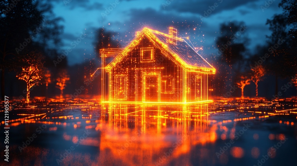 Fototapeta premium A glowing, digital representation of a house surrounded by trees, illuminated against a twilight sky, showcasing a blend of technology and nature.