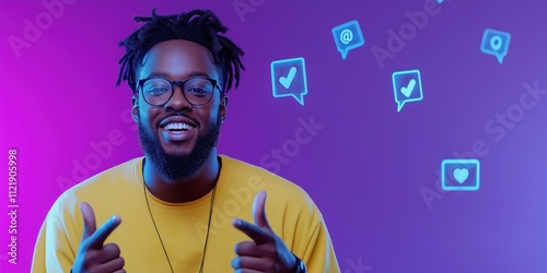 A medium shot of a man in casual tech attire posing confidently with hashtags and follower icons, smiling faces, thumbs up, etc floating around him 