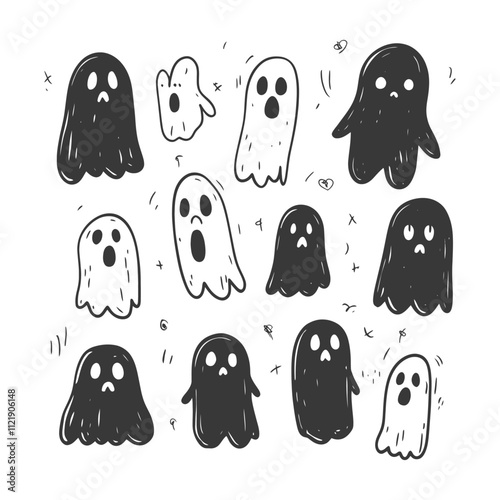 A Collection Of Hand Drawn Ghost Illustrations In Black And White