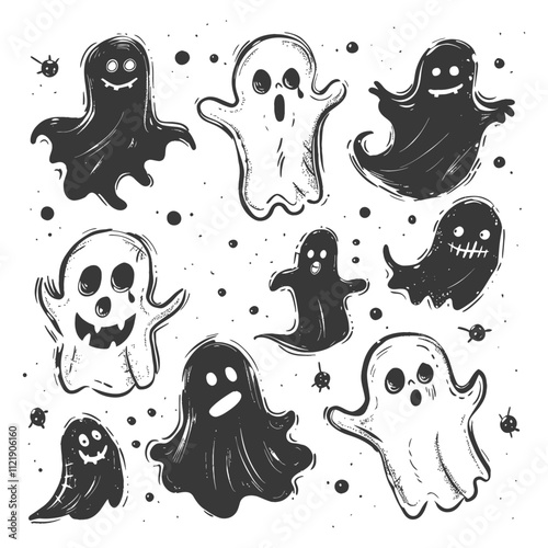 A Collection Of Hand Drawn Ghosts With Various Expressions