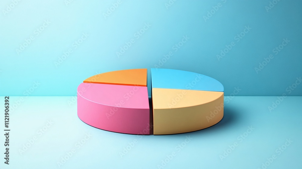 Obraz premium A colorful pie chart on a light blue background, segmented into four distinct sections, representing data visualization or statistical information.