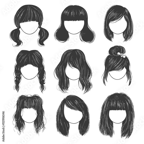 A Collection Of Nine Hand Drawn Female Hairstyles