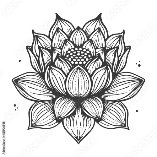 A Detailed Black And White Illustration Of A Lotus Flower With Multiple Petals