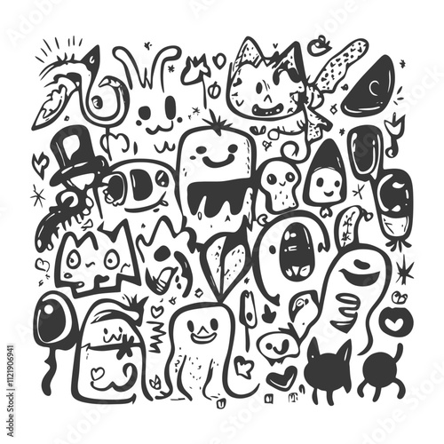 A Doodle Of Cute Cartoon Characters With Various Expressions