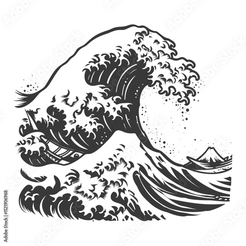 A Giant Wave Crashing Over Mount Fuji In Black And White