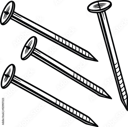 Set of black metal nail heads hand dawn vector illustration isolated on white background