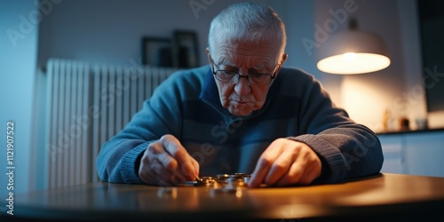 A medium shot of an elderly pensioner sitting at a small wooden table, counting a handful of coins while a turned-off radiator looms in the background