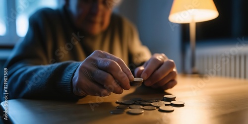 A medium shot of an elderly pensioner sitting at a small wooden table, counting a handful of coins while a turned-off radiator looms in the background