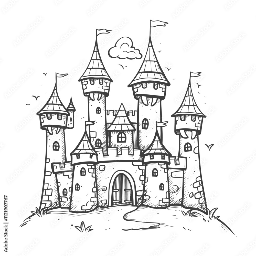 Obraz premium A Hand Drawn Illustration Of A Medieval Castle With Towers And Flags