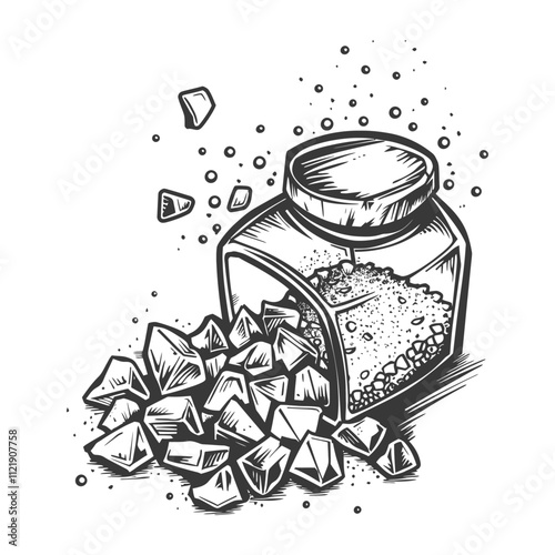 A Hand Drawn Illustration Of A Jar With Spilled Sugar Cubes