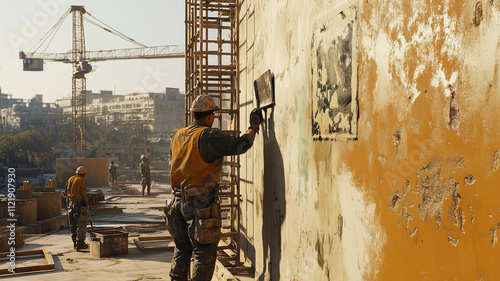 professional painter is applying paint to wall at construction site, showcasing hard work and dedication. scene includes cranes and workers in background photo