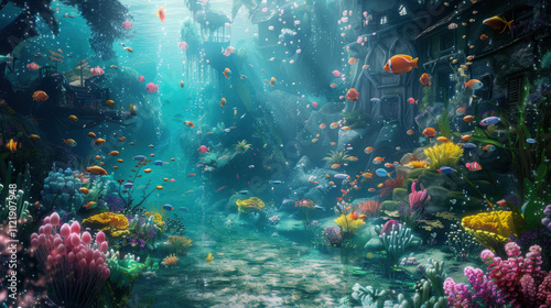 A colorful underwater scene with a variety of fish swimming around