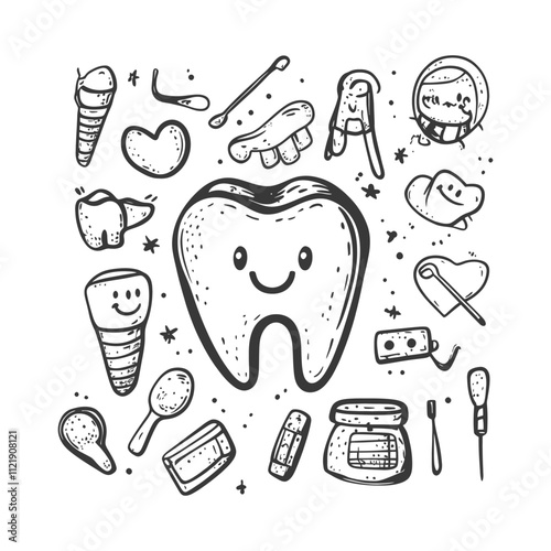 A Hand Drawn Illustration Of A Smiling Tooth And Dental Accessories