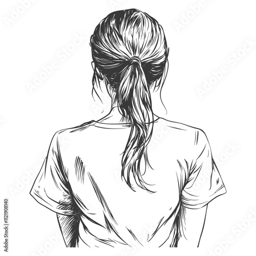A Hand Drawn Illustration Of A Womans Back With Her Hair In A Ponytail